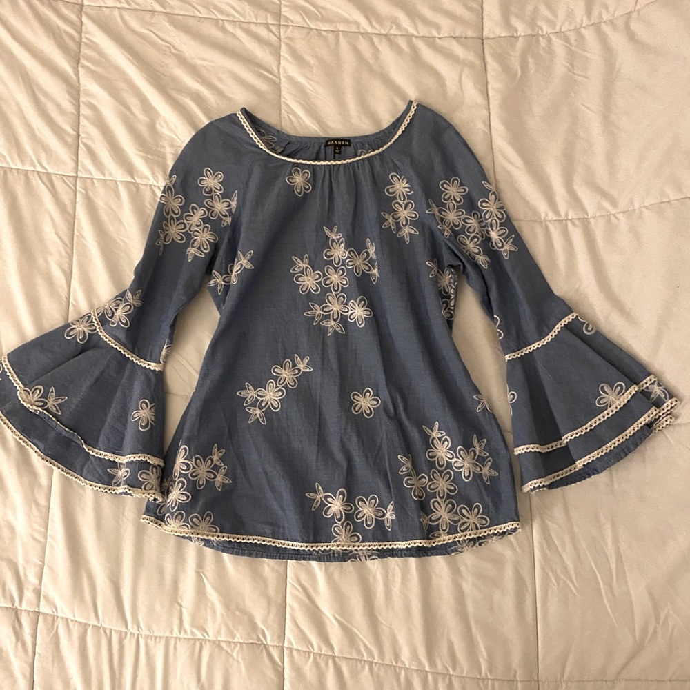 70s Style Bell Sleeve Embroidered Top by Hannah Size Small